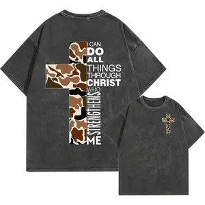 Men's Faith-Inspired Oversized T-Shirt, Heavyweight Cotton Fabric with Vintage Acid Wash & Camouflage Cross Graphic for Streetwear, Tee