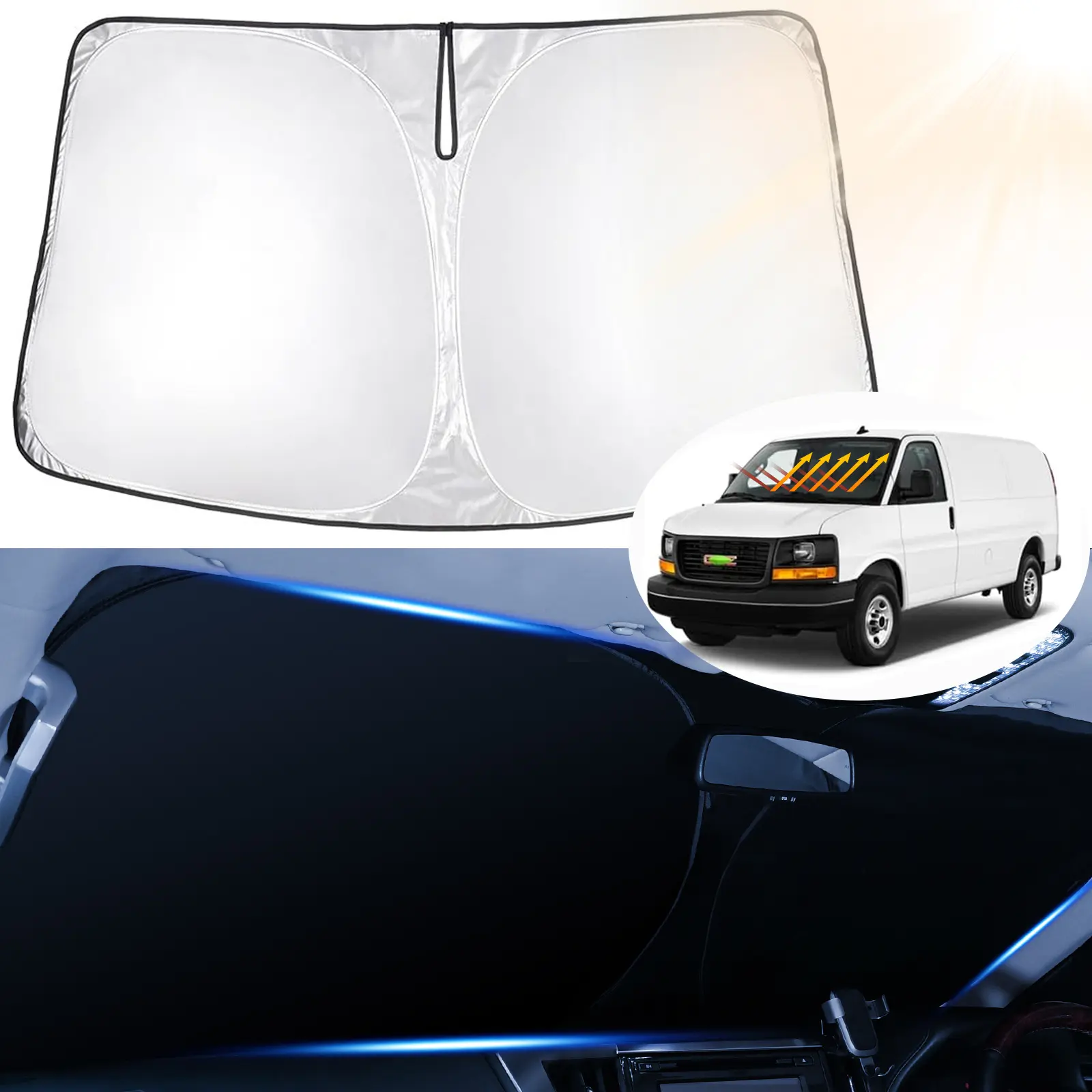 Canvcle Windshield Sun Shade for 1996-2024 GMC Savana Van Accessories, Anti-Ultraviolet Front Window Sunshade, Foldable Passenger & Cargo Van UV-Blocking Front Window Protector to Keep Car Cooler
