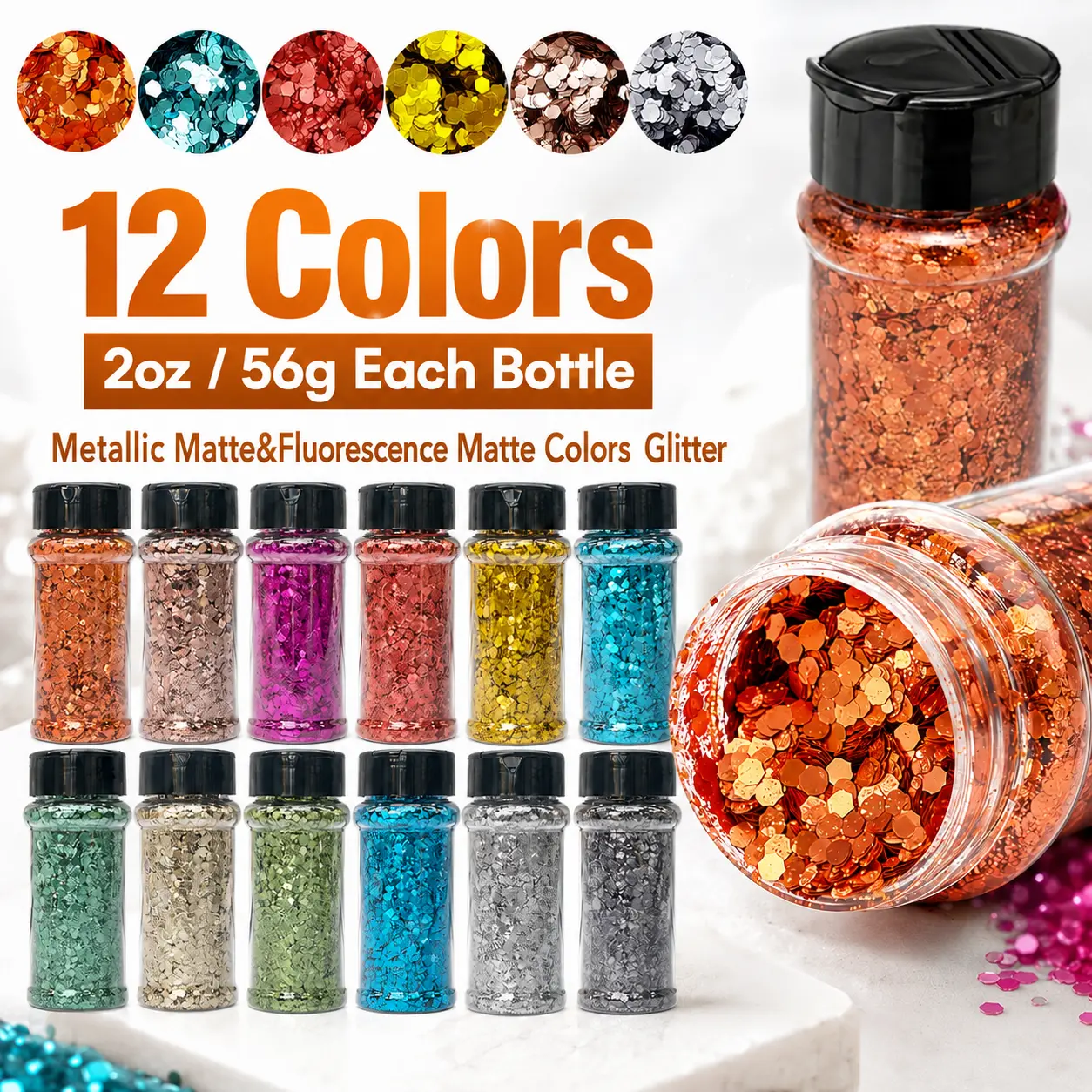 Metallic Matte & Fluorescent Matte Chunky Glitter, 12-Colors Mixed Sequins Powder, Cosmetic Grade for Face Body Hair Nail Makeup, Resin DIY Crafts, Snow Globe Tumbler Decor, Christmas Party Decorations