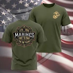Marines 250th Anniversary 1775–2025 Graphic T-Shirt | First to Fight USMC Patriotic Military Tee,250 Independence T-Shirt - Soft Cotton Poly Blend Tee, Uni-sex Classic Fit, Digital Print, 200gsm Heavyweight