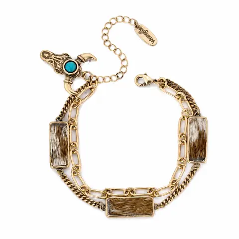 Wrangler 14K Gold/Silver Plated Western Cowhide Layered Bracelet for Women, Longhorn Double Chain Bracelet with Turquoise Accent, Southwestern Cowgirl Statement Jewelry, Jewelry For Women, Anniversary Gifts For Her, Adjustable Size