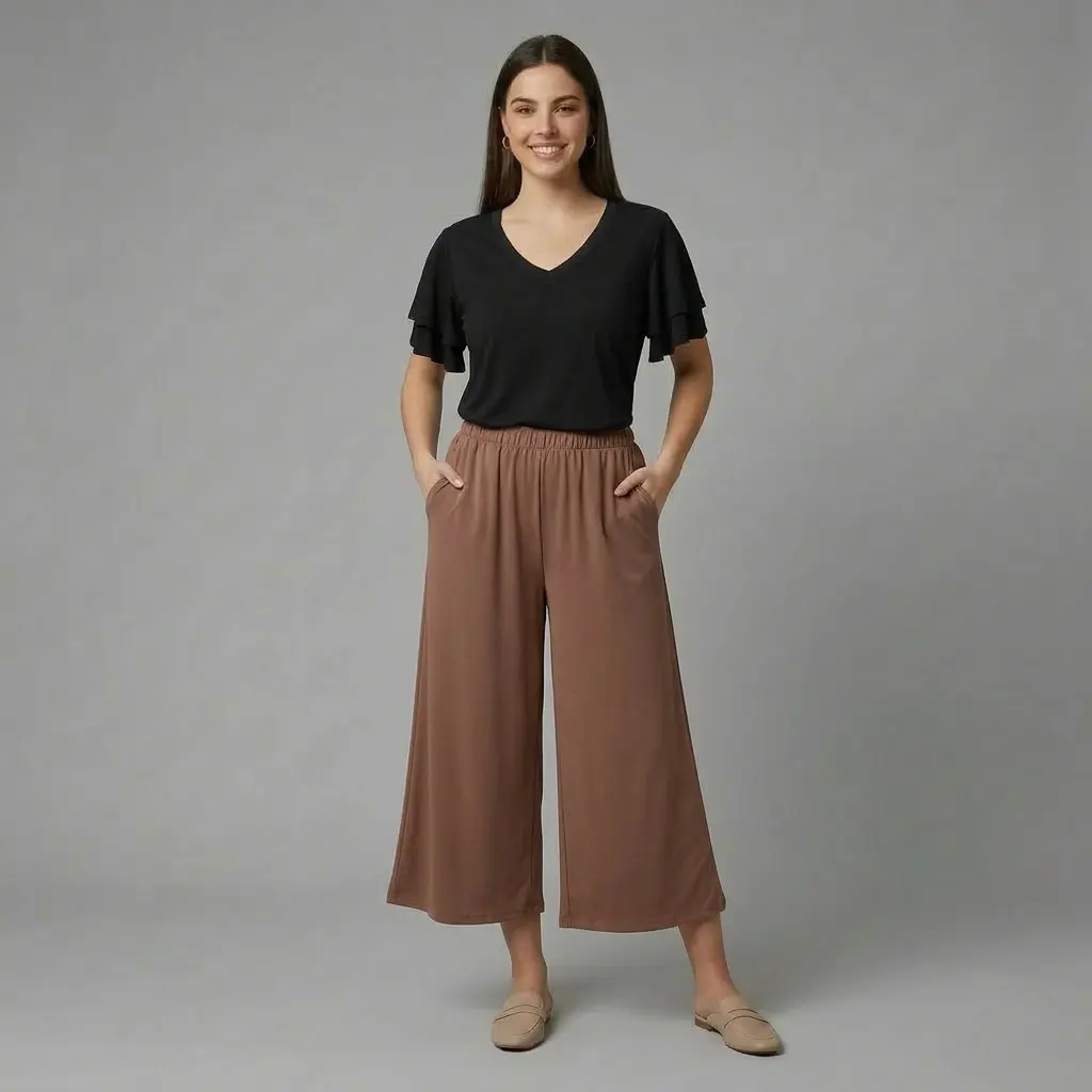 Elastic Waist Wide Leg Pull-on Gaucho P006 - Lightweight Solid-colored Womenswear for Casual & Evening Outings Chic Pants