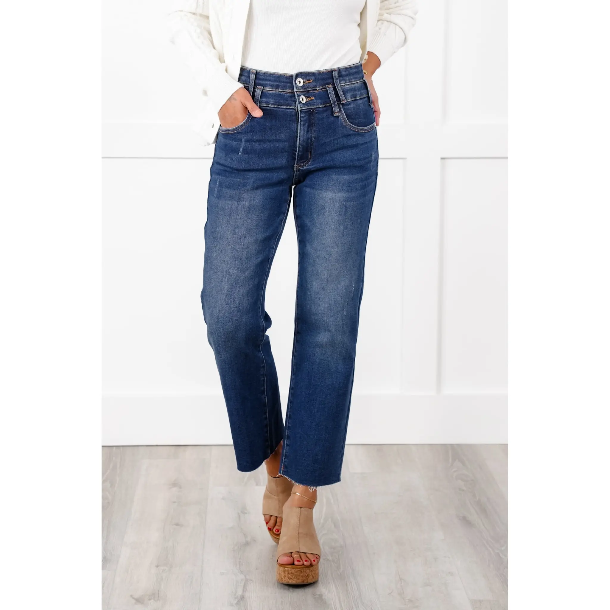 Special A High Rise Dark Wash Dad Jeans with Double Waist Detail