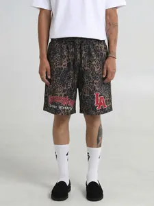 Streetwear Leopard Print Shorts LA Gothic Text Graphic Drawstring Waist Athletic Shorts Casual Summer Bottoms for Men Women Loose Fit Breathable Comfortable for Daily Wear Street Style Outfits