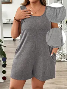 Plus Size Solid Color Sleeveless Fitted Romper, Elegant Casual Romper, Casual Comfy Romper for Summer, Women's Plus Clothing for Daily Wear, Basic, Womenswear