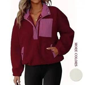 Aswulk Plus Size Womens Fleece Jacket Fuzzy Long Sleeve Short Coats Half-cardigan pullover Button Down Sherpa Outerwear with Pockets