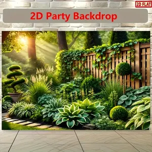 2D Flat Realistic Lush Garden Wooden Fence Backdrop Banner - -like Peel and Stick Banner, Vibrant with Greenery and Sunlit Pathway for /Outdoor Decor, Patio, Parties - All-Season Privacy Screen No Electricity