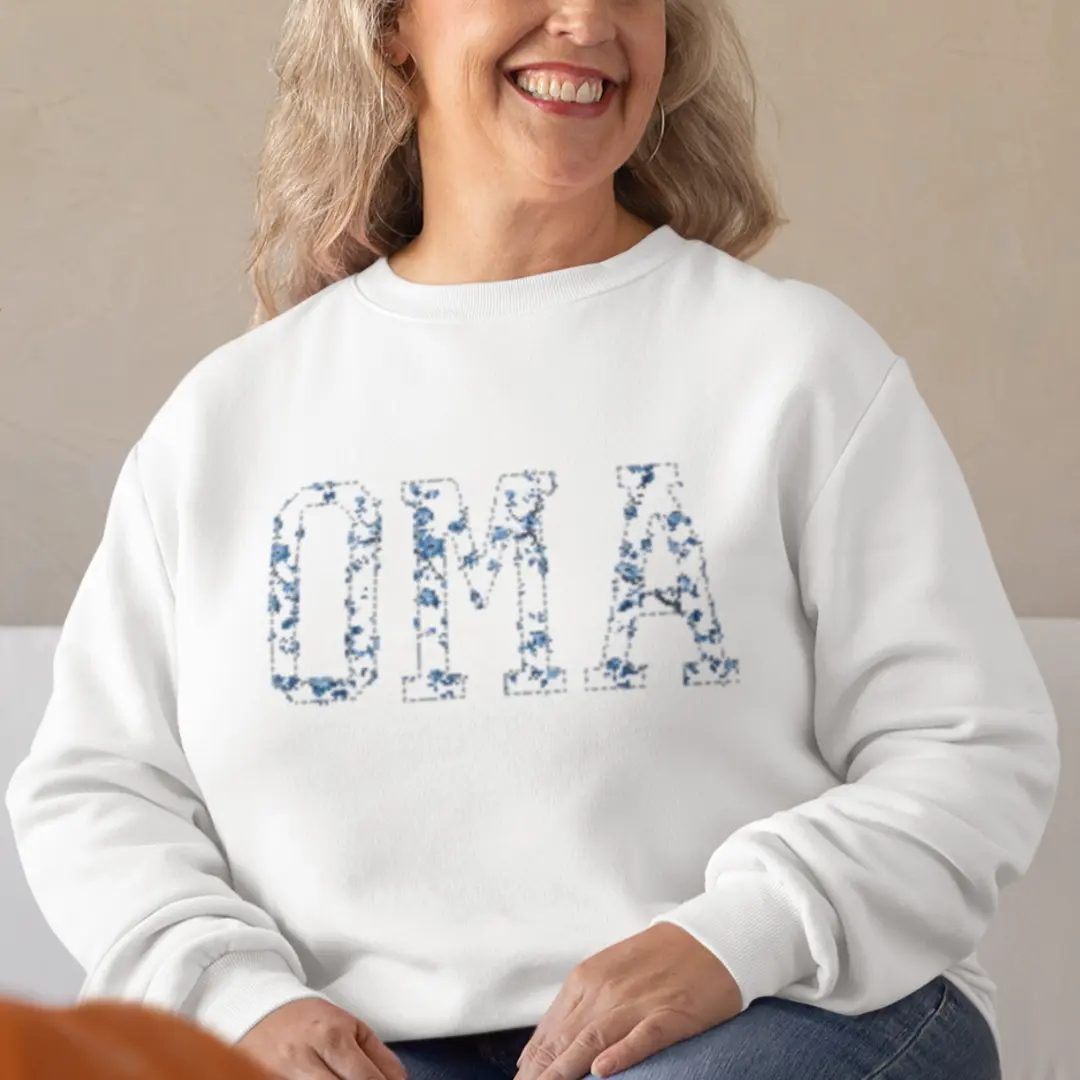Oma Sweatshirt, Delft Holland Floral Blue, White Fabric with Delft Print, Comfortable Winter Wear for Women, Ideal Gift for Mother's Day