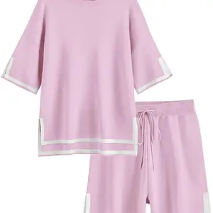 Womens Knit Lounge Set 2 Piece Sweater Sets Short Sleeve Sweatsuit Pullover Tops