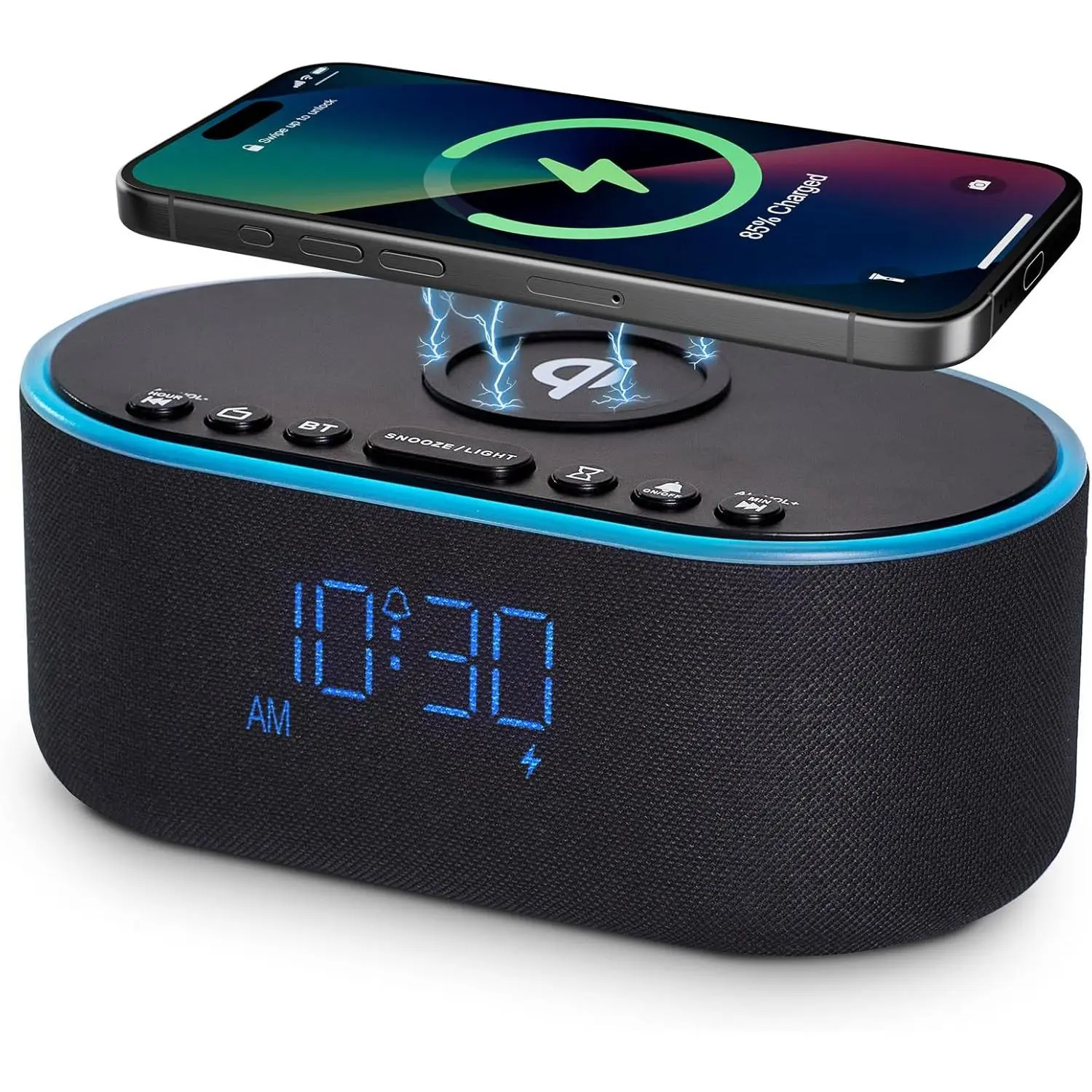 Modern Adjustable Qi-Certified Fast Wireless Charging Alarm Clock Radio - 10W Charger for iPhone/Samsung, Bedroom Nightstand Accessory with Dimmable Display, Adjustable Intensity, FM Radio, Stereo Bluetooth Speaker, Sleep Timer, USB Port, Black