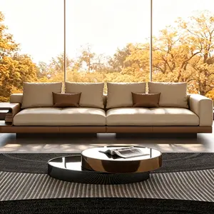 top grain genuine leather sofa, built-in wooden side storage shelf, two-tone leather couch, oversized deep seat cushions, italian minimalist straight sofa, magazine storage compartment sofa, low profile designer living room furniture
