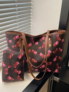 Cherry Print Handbag, PU Tote Satchel, Large Capacity Shoulder Bag for Women, Zip Closure, All Seasons, Fashionable and Versatile, Fits Phone and Makeup