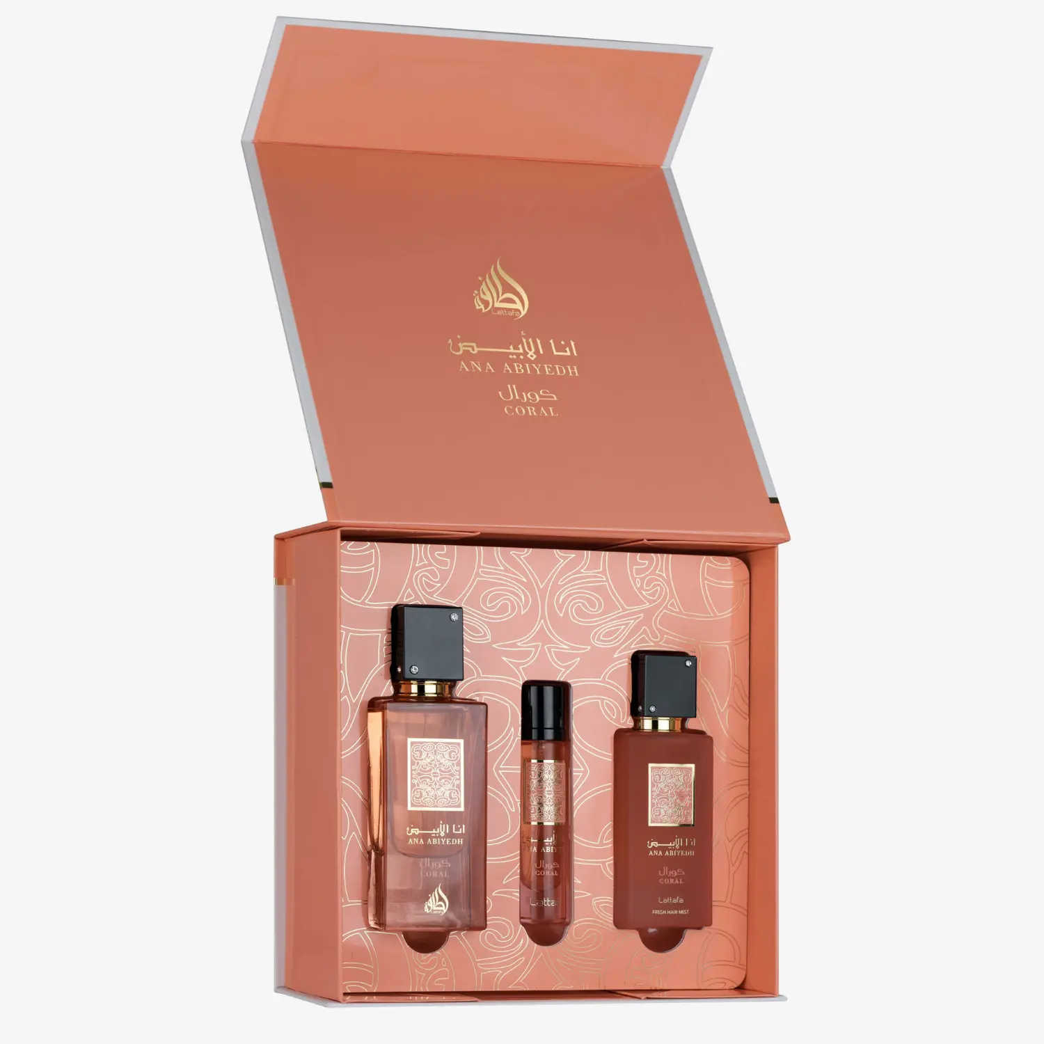 Lattafa Ana Abiyedh Coral Gift Set Women's Fragrance 60ml EDP + 12ml Travel Spray + 50ml Hair Mist