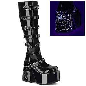 Demonia Camel-223 Women's Black Patent Cuban Heel Round Toe Knee-high Boots with Spider Web Details