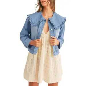 Imily Bela Womens Denim Jacket Peter Pan Collar Cute Cropped Long Sleeve Shirts Jean Coat with Pockets