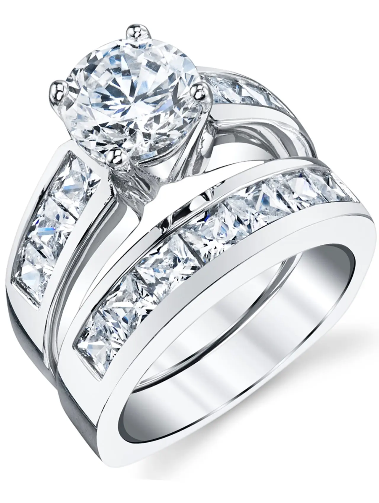 Women's Sterling Plated Silver Bridal Rings Set - 2ct Round Princess-Cut Cubic Zirconia, Channel-Set Contemporary Engagement Wedding Ring