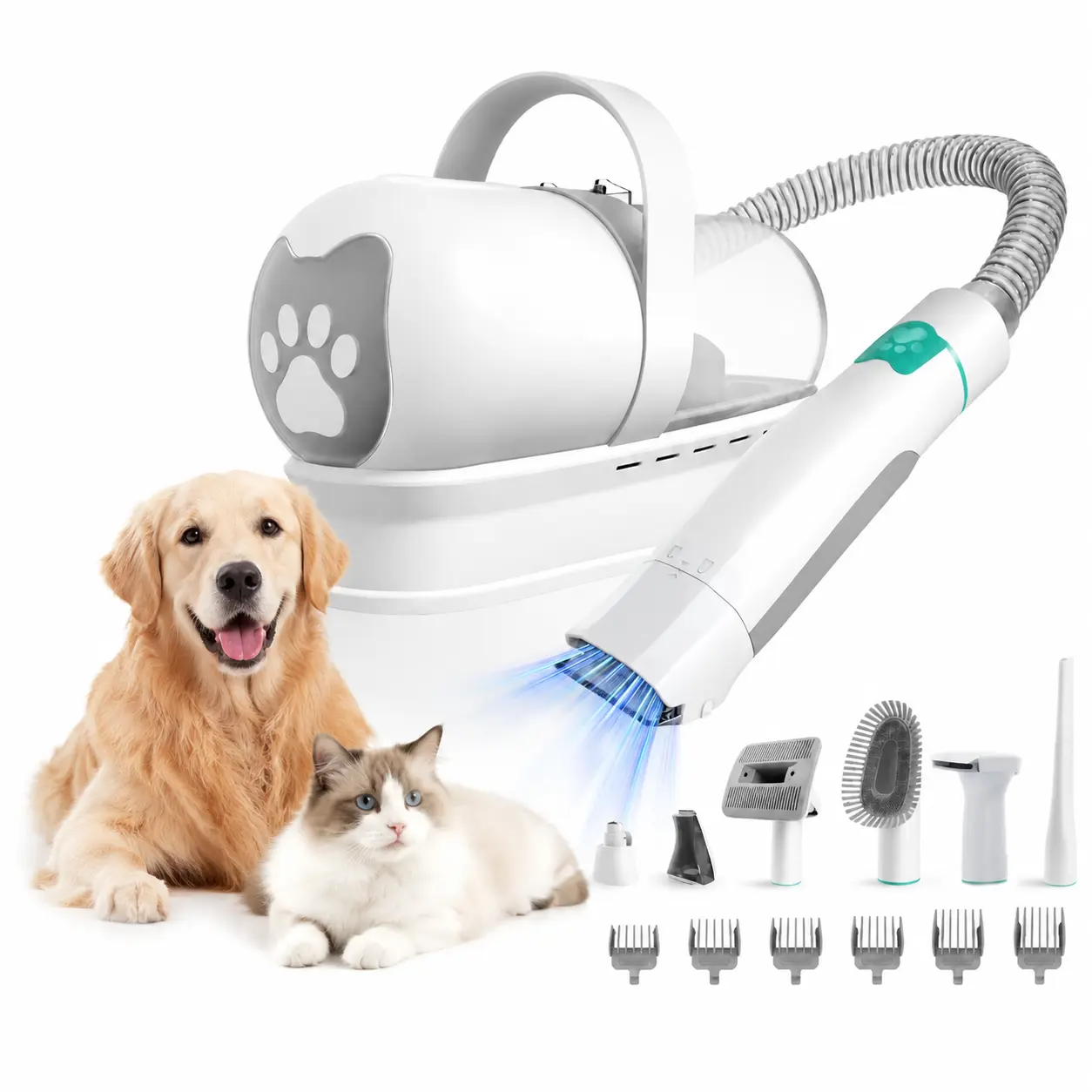 Dog Grooming Vacuum Kit with Clippers, 7-in-1 Pet Grooming Tools for Shedding, 6 Guide Combs, Paw Hair Trimmer, Nail Grinder and Cleaning Attachments