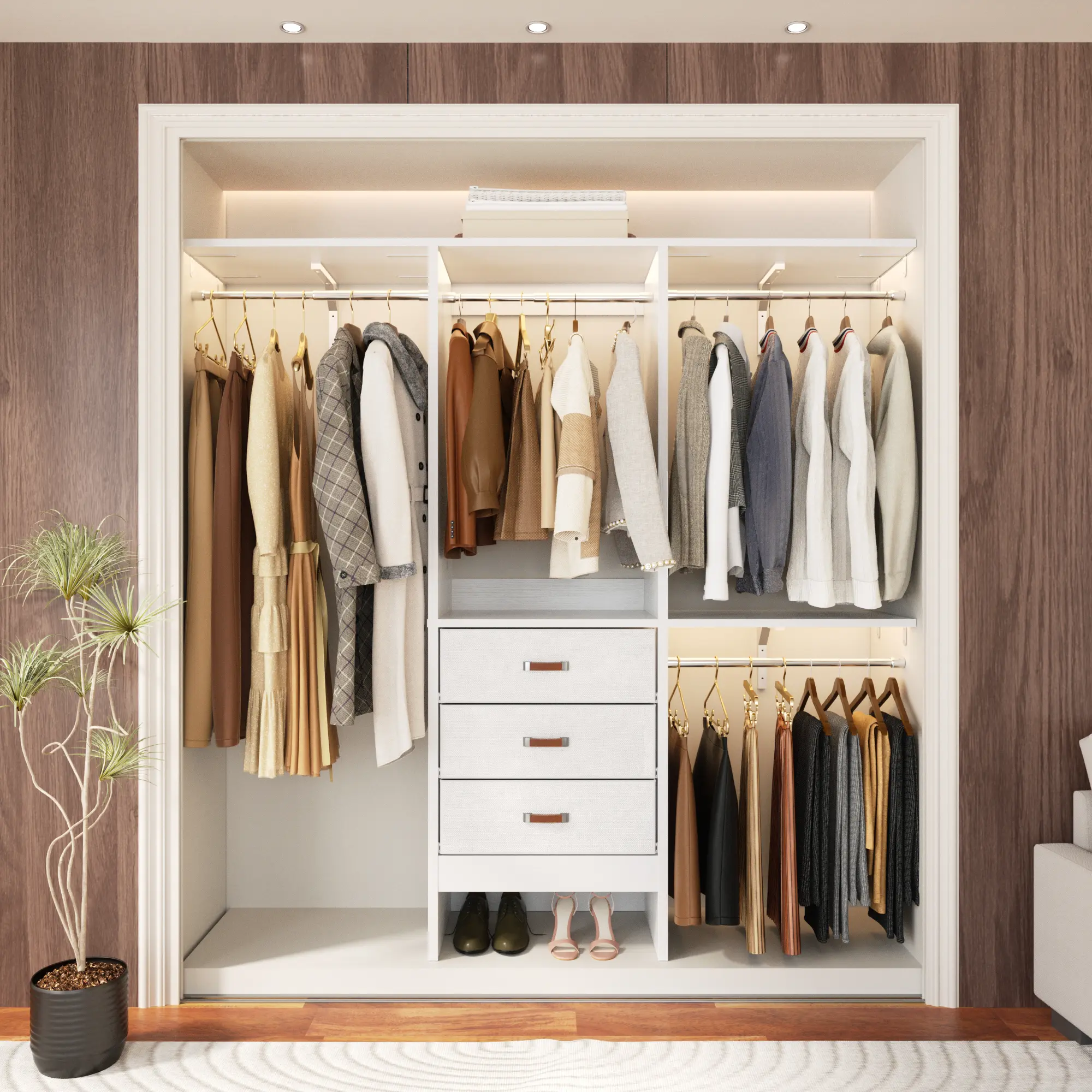 Cyclysio 60in W 3-Compartment Walk-In Wardrobe Storage Unit - Sturdy 5FT Closet Organizer with Drawers, Hanging Rods, 3 Adjustable Shelves & Panels, Furniture for Small Spaces, Home Organization Storage for Small Room Ideas