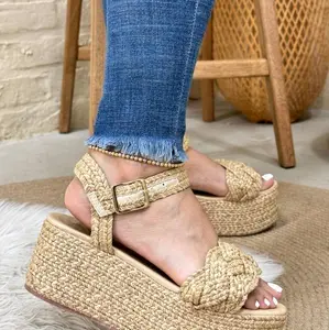 Fanny Sandal with 8cm Tied Platform Beige Woven Design & Buckle Closure Women's Shoe Girl Footwear Stylish Summer Active Comfortable Elevation
