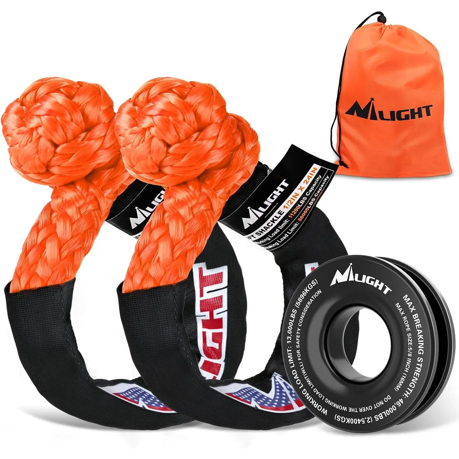 Nilight 2PCS UHMWPE Fiber Braided Flexible Synthetic Soft Shackles Kit - 1/2in x 24in, 56000 Breaking Strength, 46000 lbs MBS Snatch Pulley & Ring, 11200 lbs Capacity, UV Resistance for 4x4 Trucks Off-Road Extraction