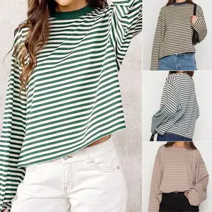 Women T-shirt, Long Sleeve Crew Neck Loose Ladies Fall, Casual Striped Top Streetwear, Ladies Clothes for Indoor Outdoor Wear, Ladies Clothes for Daily Wear