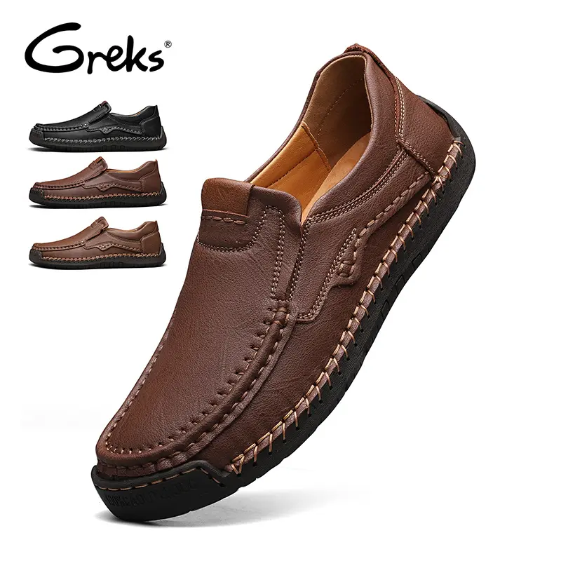 GREKS Men's Slip-On Loafers Round Toe Flat Easy On/Off Casual Versatile Stitched Minimalist Chic Walking Shoes