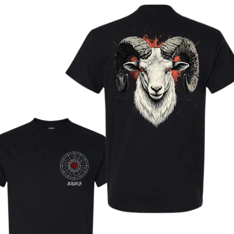 Men's Aries Zodiac Black Tshirt - Casual Short-Sleeve Round Neck Cotton Crewneck, Astrology Celestial Symbol Menswear, Unisex Birthday Gift Streetwear Top, Shortsleeve, Graphic T Shirts, Unisex Fit, Pure Cotton, Breathable