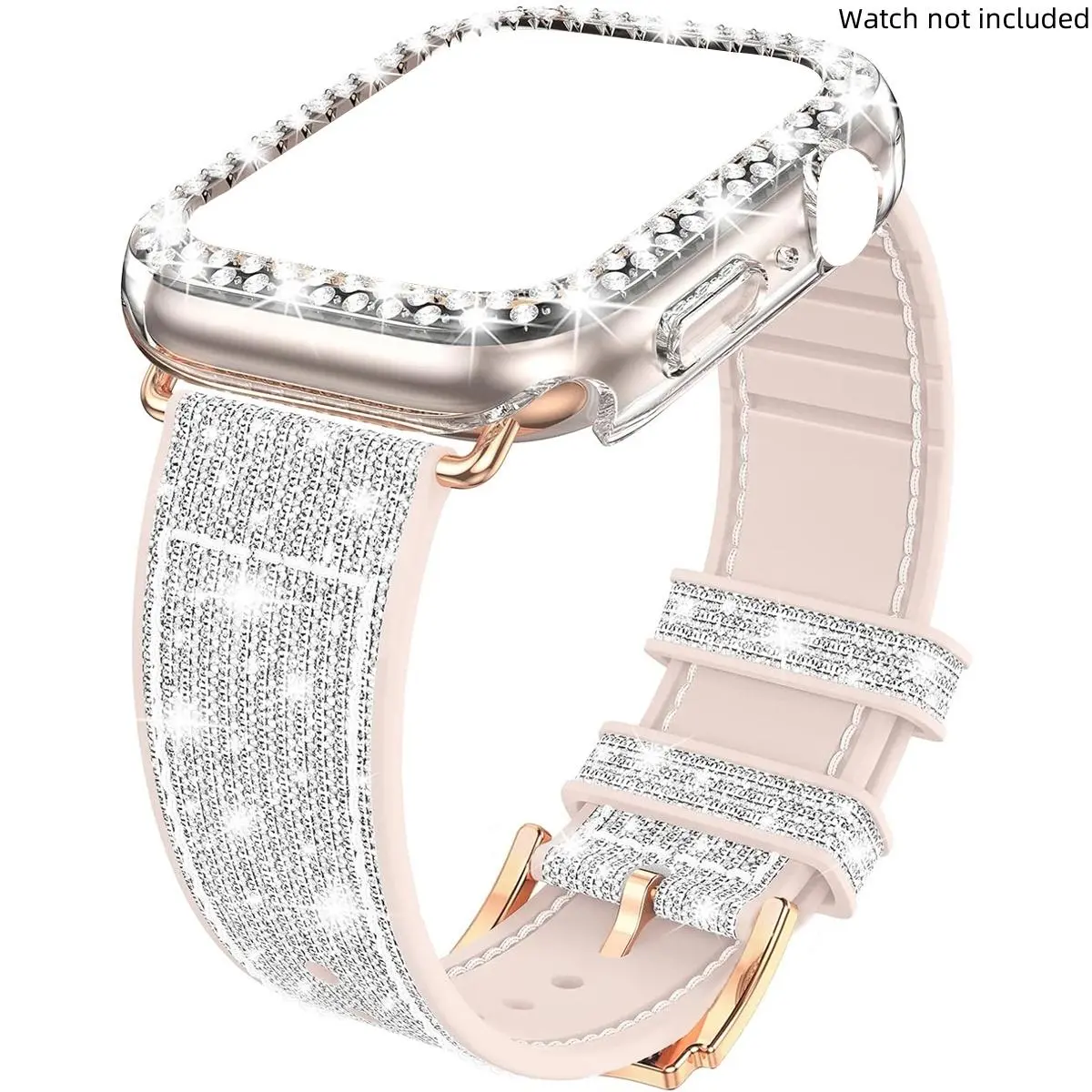 2pcs/set Women Men Shiny Change Color Adjustable Silicone Watch Strap & Bling Rhinestone Decor Hollow Out Watch Case, Smart Watch Accessories, For Apple Watch Band 38/40/41/42/44/45/46/49mm, For Apple Watch Series Ultra/SE/9/8/7/6/5/4/3/2/1