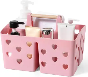 Portable Shower Caddy Plastic Shower Basket Organizer Divided Bathroom Caddy Storage Cleanning Caddy Tote with Handle for College, Dorm Room, Kitchen, Pink