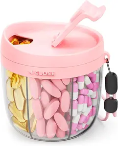 Cute Pill Dispenser with 7 Large Compartments, Portable Pill Bottle Organizer with Wide Opening for Easy Use, Anti-Mix Pill Organizer for Travel, BPA-Free Pill Container, Pink Healthcare Organizer with Times a Day Weekly stick-on label Capsule