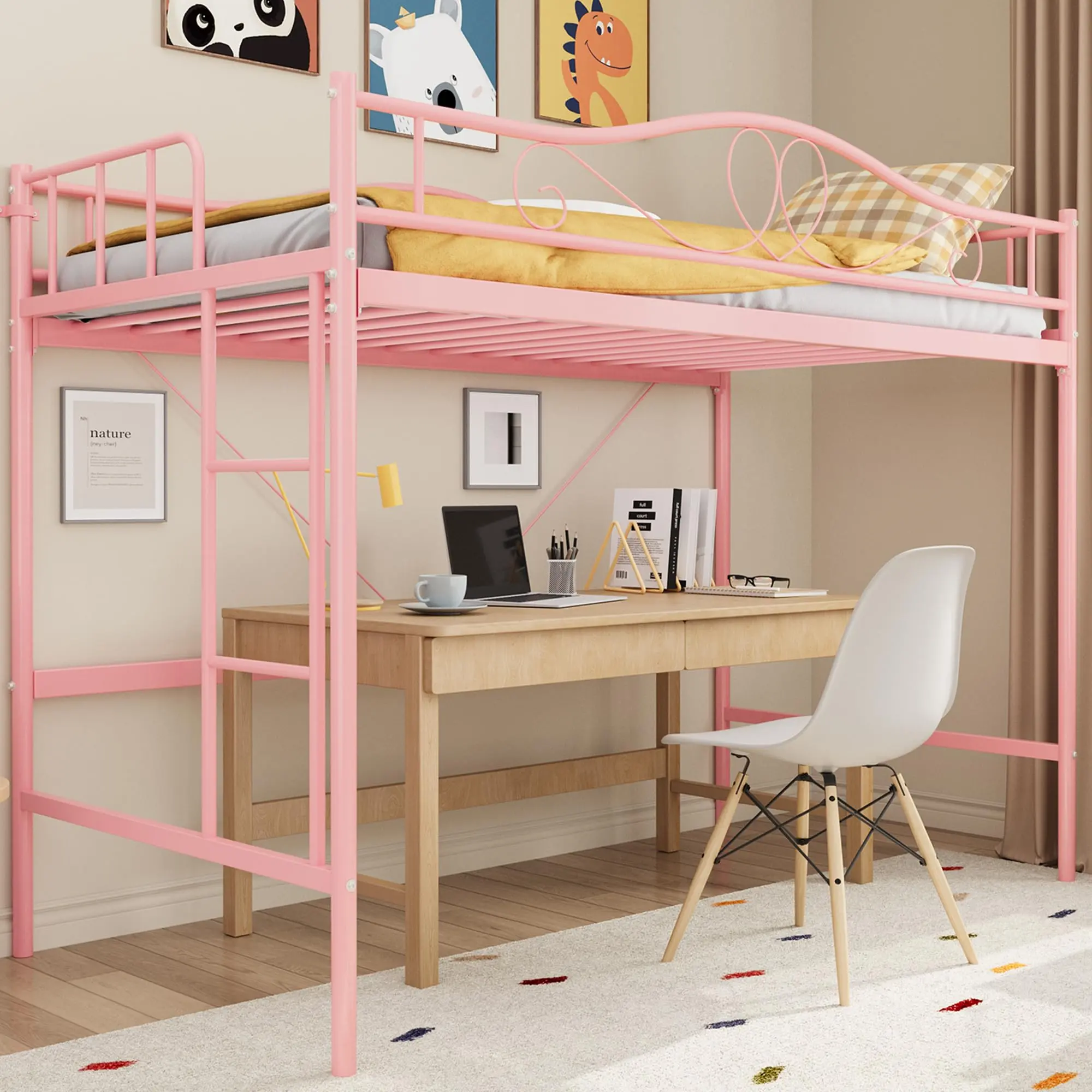 Garvee Loft Bed Twin Size with Removable Ladder & Full Safety Guardrail, Twin Loft Bed Heavy-Duty Metal Frame 400 Lbs Weight Capacity, Space Saving, No Box Spring Needed & Noise Free, Pink