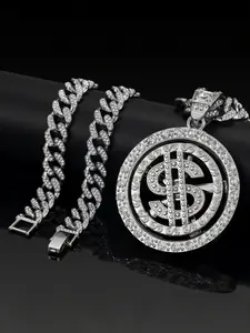 Hiphop Rotating Dollar Letter Pendant Necklace, Alloy Chain Zircon Jewelry, Street Style Art Culture Accessory, Unisex Fashion Gift, Cuban Link Necklace