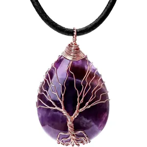 7 Chakra gemstone healing crystals necklace copper wire wrath natural gemstone necklace unisex hippie leather choker necklace