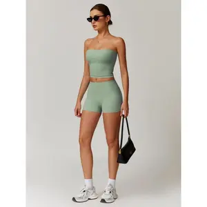 Women's Solid Color Crop Tube Top & Shorts Sportswear Set - Casual Comfy Breathable Two-piece Outfits for Yoga Gym Workout Running Ladies Sportswear for All Seasons Athletic