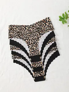 Women's Leopard Print Scallop Trim Knicker Soft Comfy Breathable Panty for Daily Wear, Underwear for All Seasons, Multicolor, Womenswear, Knitted Stretch Underwear, Breathable Fit Panties