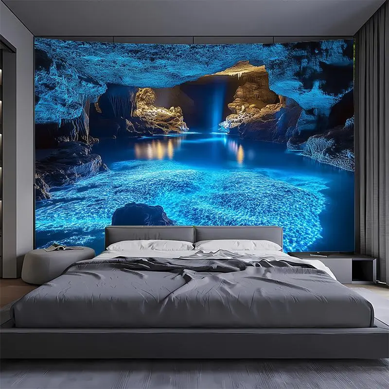 1pc Extra Large Blue Graphic Polyester Tapestry - Vivid Underwater Cave Scene with Glowing Lights, Durable Home Wall Decor, No-Installation Room Decor for Living Room, Party Backdrop
