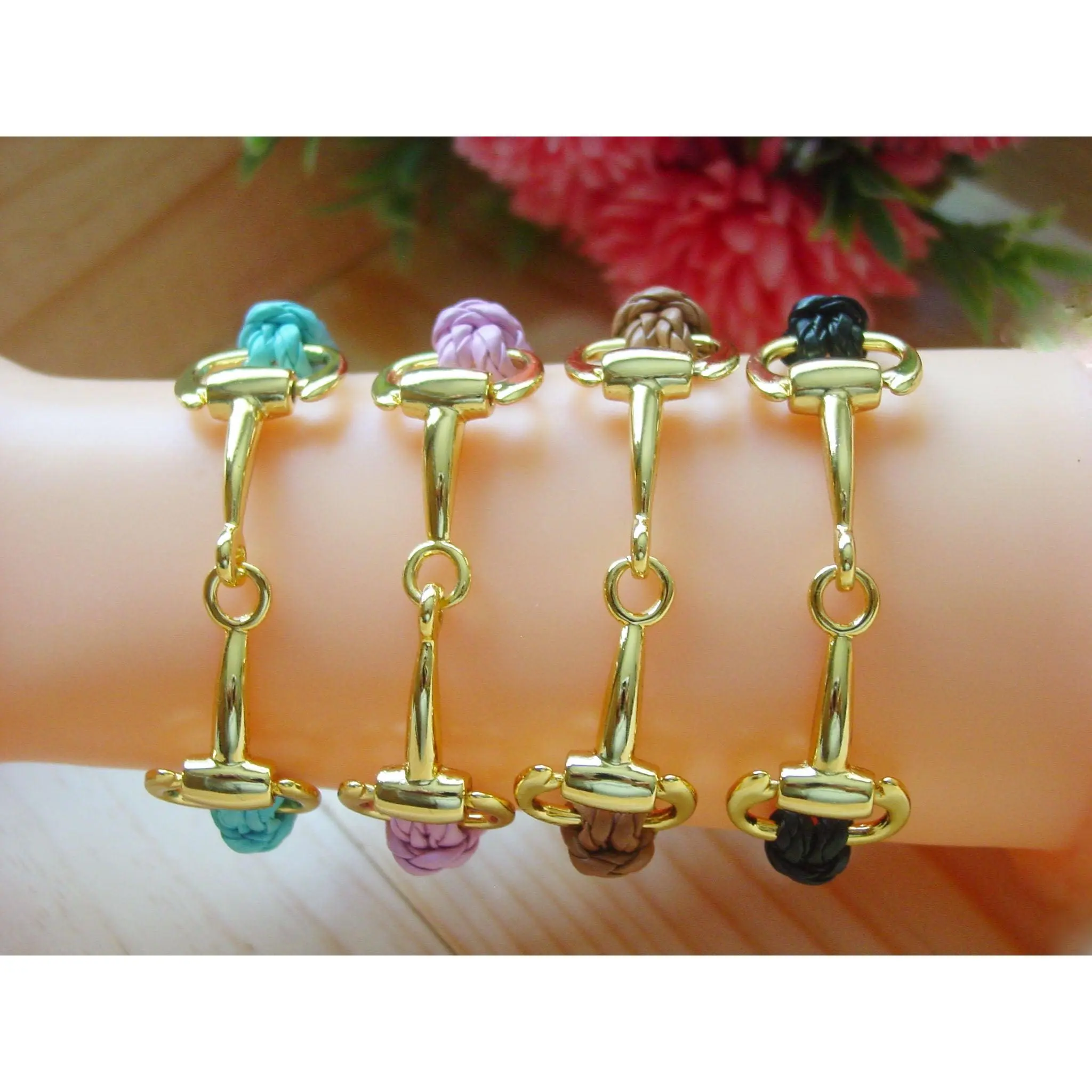 Gold Snaffle Bit Leather Bracelet - Equestrian Jewelry" #L467