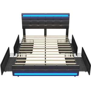 Sikaic 4 Storage Drawers LED Bed Frame With Leather Platform Adjustable Headboard Storage Drawers And Charging Station Black Bedroom Set Unique