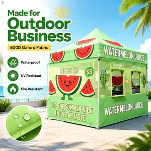 3x3m Watermelon Juice Vendor Booth Tent, 600D Oxford Adjustable Height Frame Commercial Canopy with Dual-Window Service Layout for Summer Markets Outdoor Accessory