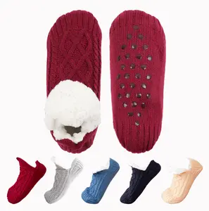Women Knitted Slipper Socks Cozy Sherpa Fuzzy Socks Non Slip Socks Winter Indoor Double Layer Bedroom Slipper Socks