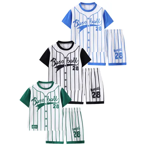 Boys' 6-Piece Summer Baseball Short-Sleeve Shorts Set, Kids Clothing Boys, Breathable Outdoor Sports Jersey T-Shirt, Comfortable Casual Athletic Wear, Alphabet Design, Multi-Size for 3-4y, 7-8y, 3-12y Ages, T‑Shirt + Shorts