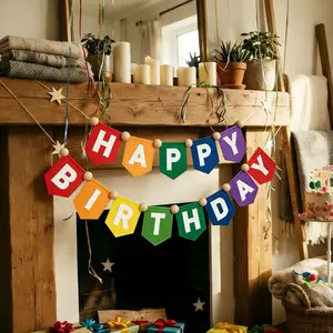 Pre-Assembled Direct Hanging Colorful Happy Birthday Banner, Dual-Layer Design, Handmade, Multicolor Party Decoration, Birthday Banner