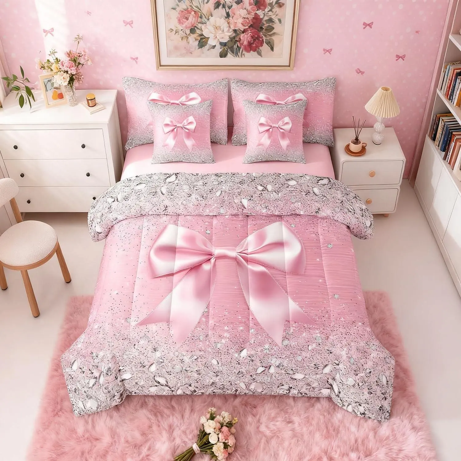 Feelyou 7-Piece Grey Glitter Diamond Watercolor Ribbon Bowknot Comforter Set - Queen Size Bed Comforter, Princess-Style Bedding with Sheets, Comforter Queen Size, Bed Comforter Queen
