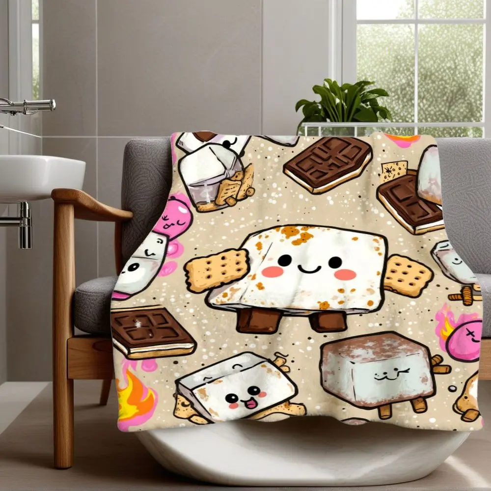 1pc Rectangular Fleece Flannel Throw Blanket - 40*50inch Single Family Campfire-Themed Blanket, Cartoonish Marshmallow S'Mores & Graham Crackers Design with Adorable Characters, Machine Washable, Ideal for Sofa, Bed, Road Trips Gift
