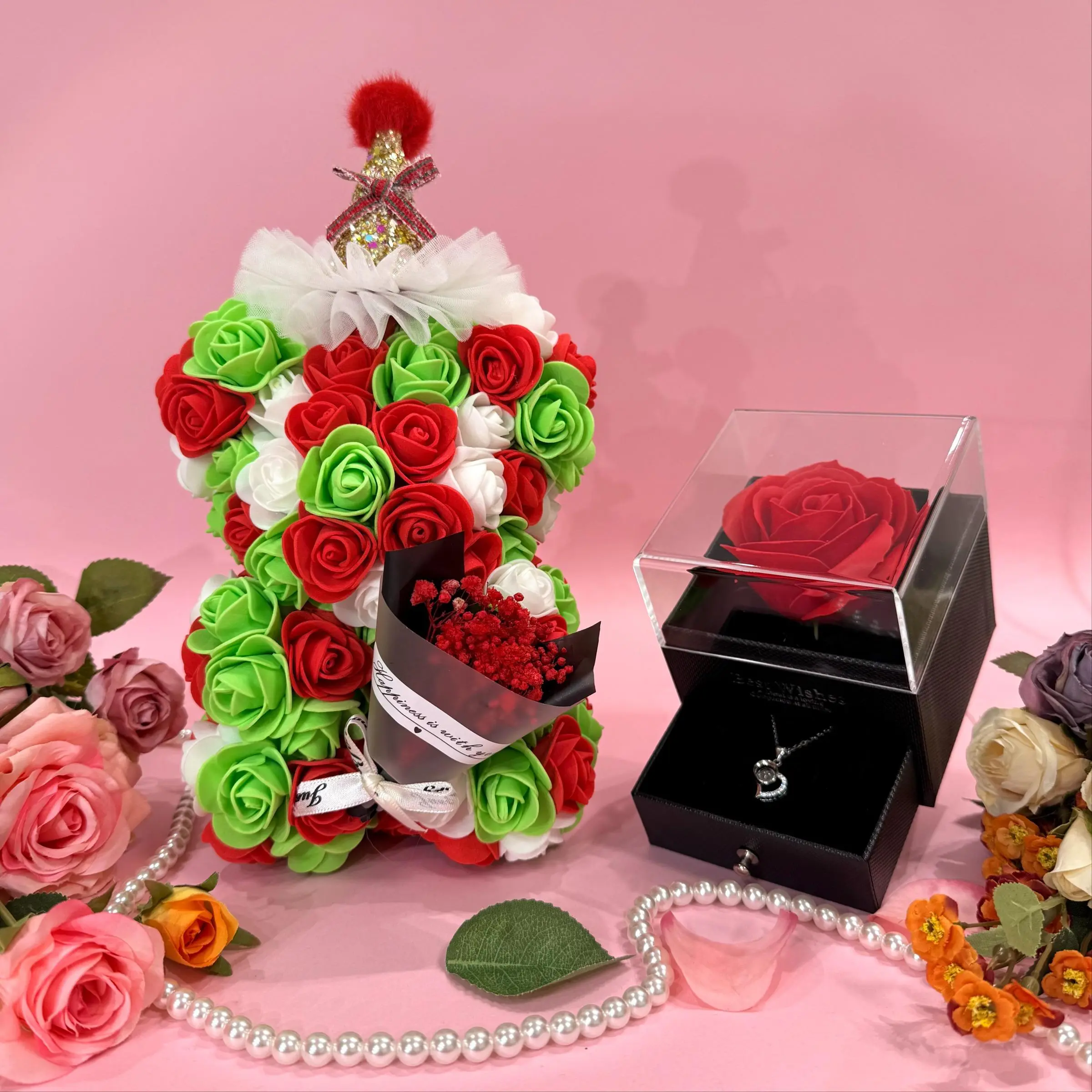 Romantic Rose Gift Box Set, 1 Set Including Cute Artificial Rose Bear & Necklace with Rose Gift Box, Creative Gift for Women & Girls, Bridal Shower Gift, Party Decoration Supplies