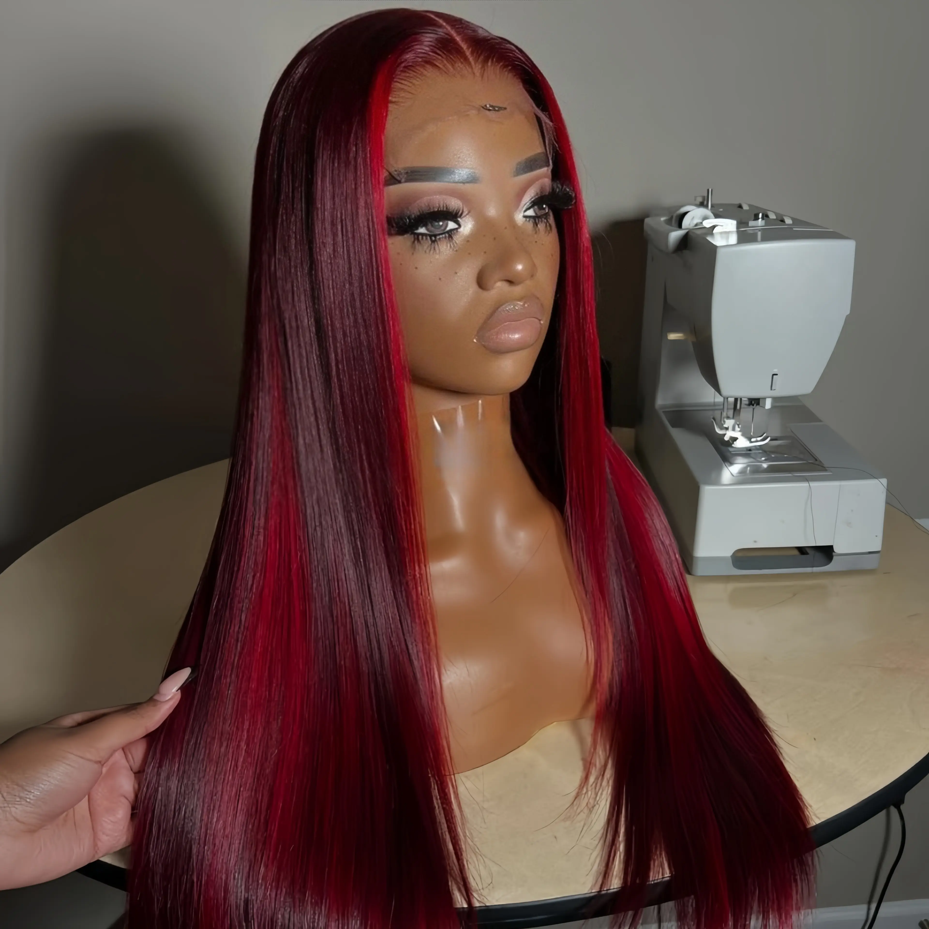 Highlights Red Colored Straight 200% Density 13X6 Lace Frontal Human Hair Wigs Burgundy and Red Highlight Balayage Transparent Lace Pre Plucked Natural Hairline For Woman Ombre Human Hair Wigs, Wigs Human Hair, Heat Resistant