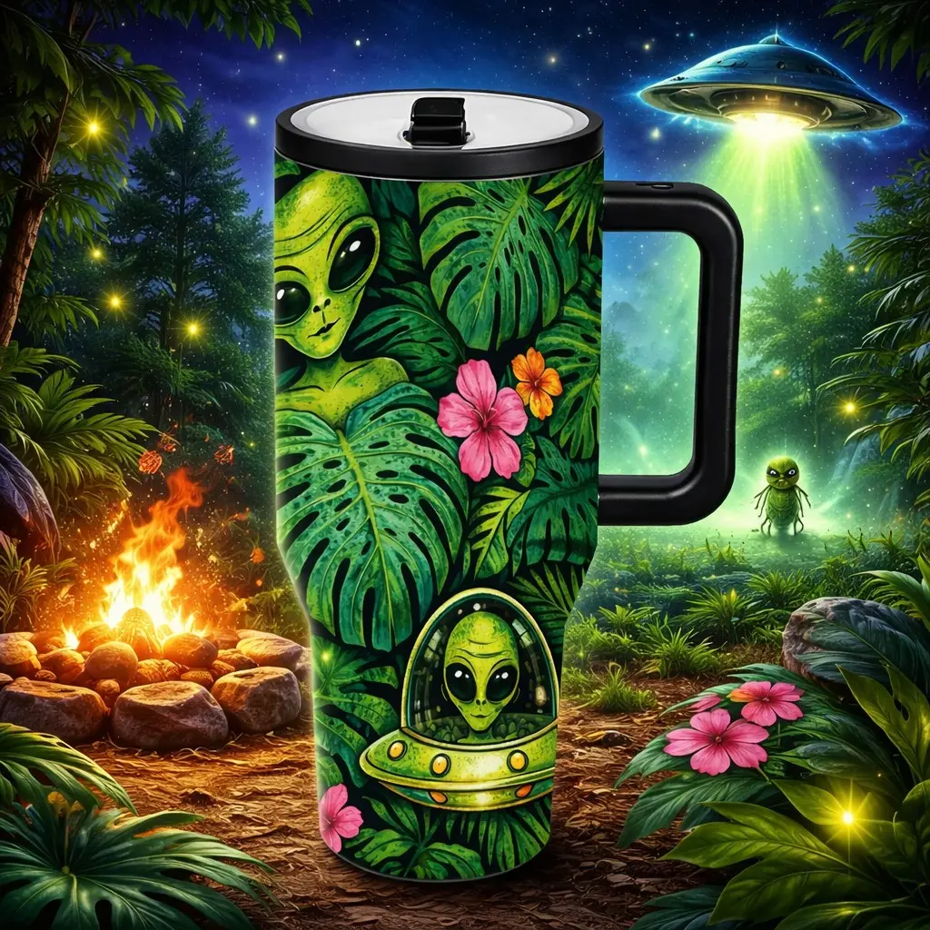 1 Pc 40oz insulated mug, thermal mug, vacuum cup, Stainless steel tumbler, leak-proof skinny tumbler with handle, keeps hot 12h cold 24h, viral ufo theme cup, hot cold drinks, unique gift for women men, niche reusable drinkware