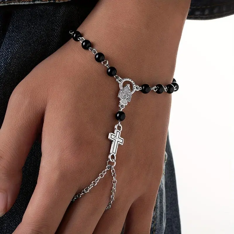 Gothic Acrylic Beaded Jewelry Set with Bracelets - Unisex Sports & Outdoor Gothic Protective Gear, Jesus-Themed Accessory with Cross Pendant, Acrylic Chain for Party & Daily Wear Symbolizing Religious Devotion
