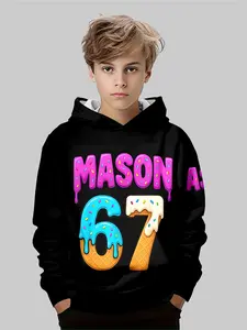 Children Personalized Name Mason Hoodie, Donut 67 Number Art Print, Birthday Exclusive Streetwear Sweatshirt, Casual Fitted Fall & Winter, Custom Number Shirt