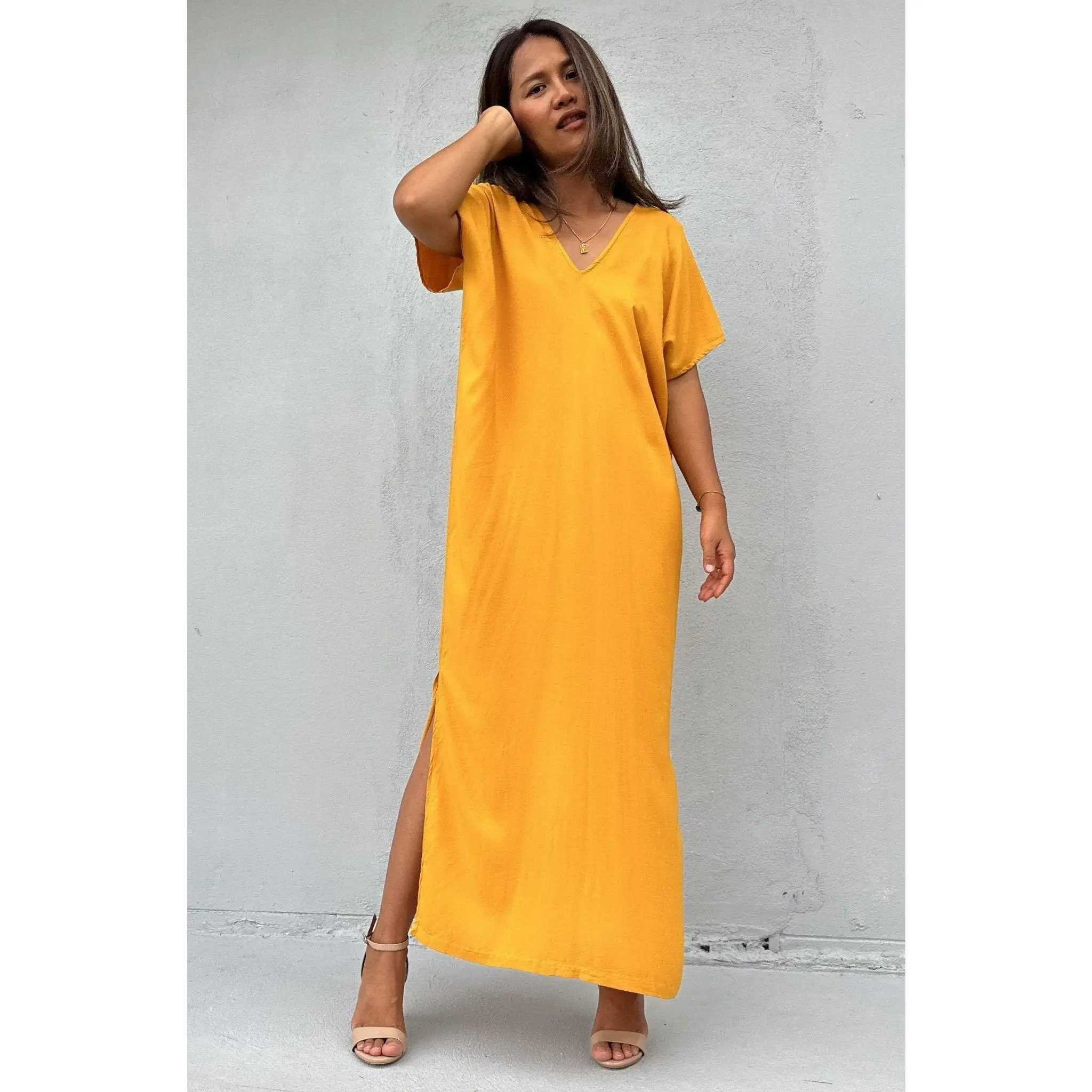 Kaftan Dress for Petite Women - Solid Mango Rayon Viscose Fabric, Chic Relaxed Cut with a Flowing Drape for an Elegant, Proportionate Look, Casual Wear, 24" Width, Basic, Lady, Clothes, Loose, Smooth Draping